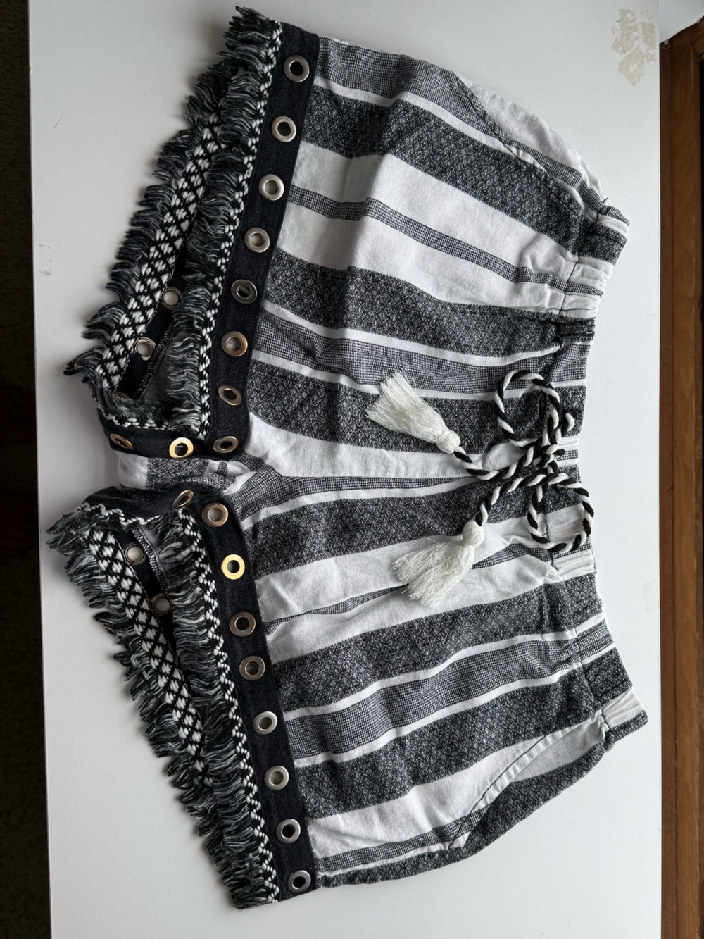 Striped Black & White Fringe Tie-Waist Women's Bermuda Shorts